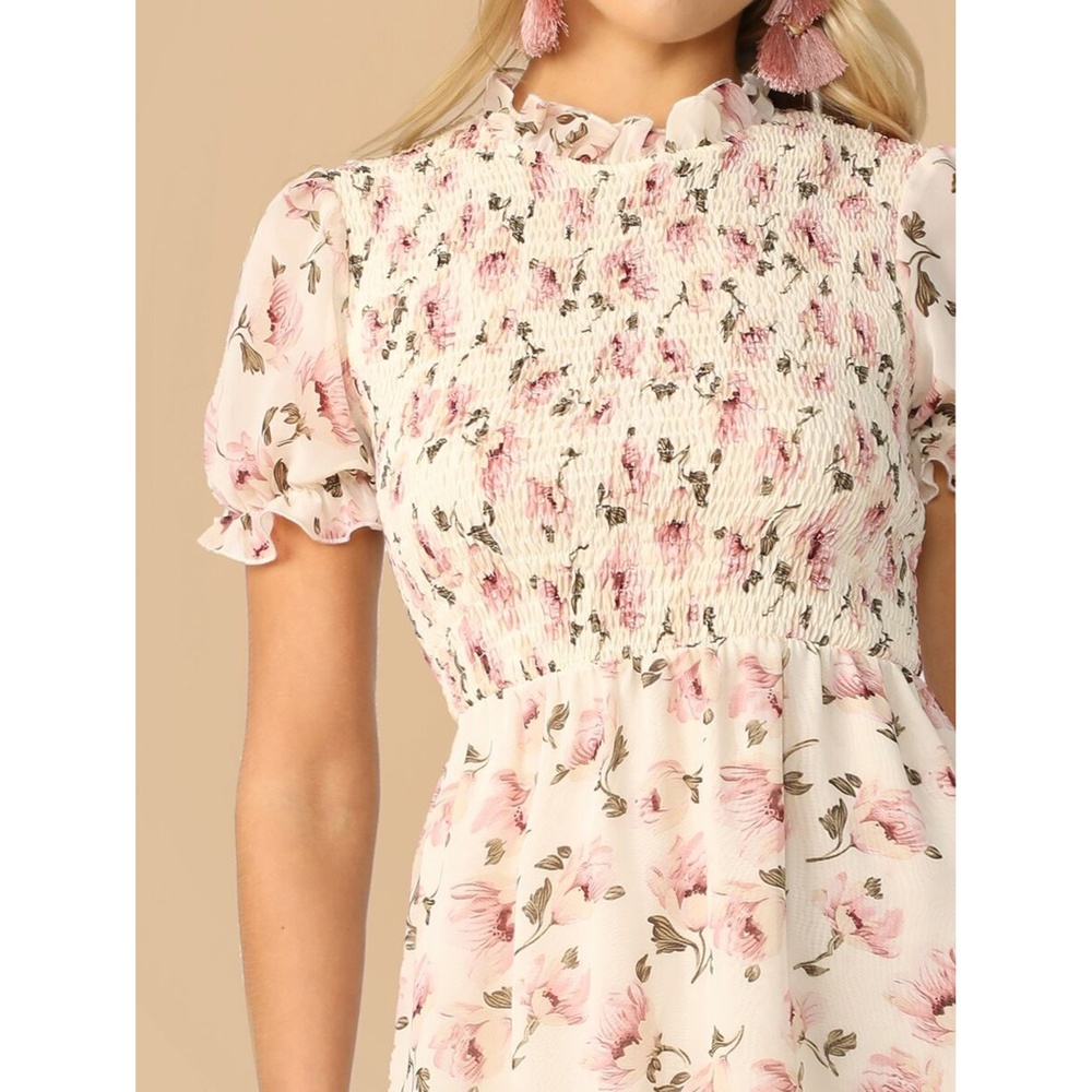 Beige Floral Ruffle Hem Shirred Fit & Flare Dress - Picture 4 of 6